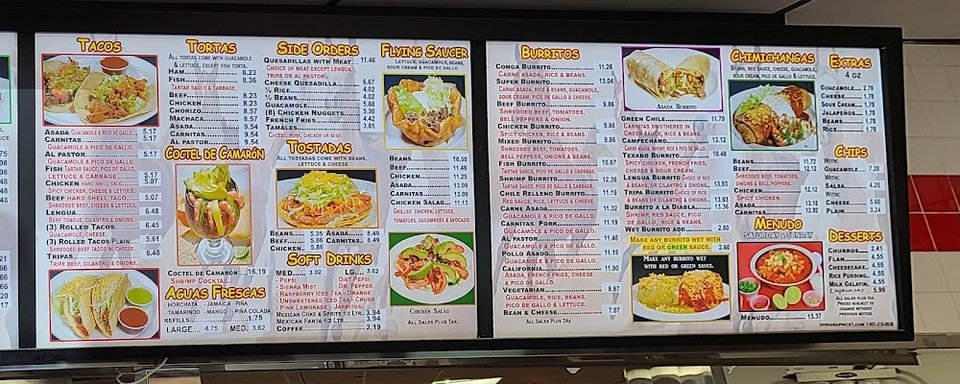 Menu page with churros and shrimp cocktail.