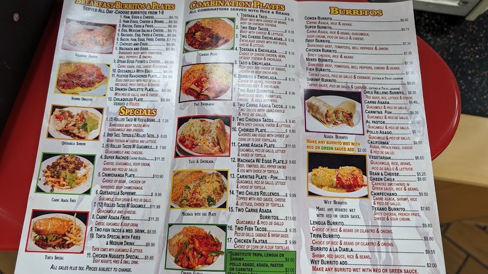 Printed menu highlighting soups, desserts, and tostadas.